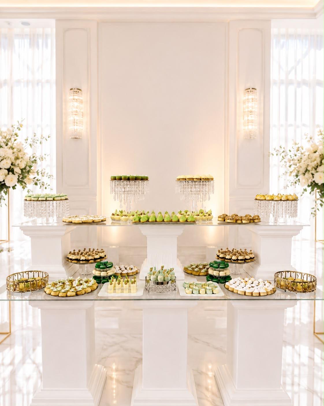 Candy bar alb, elegant și minimalist, cu suporturi de cristal și monoporții fine