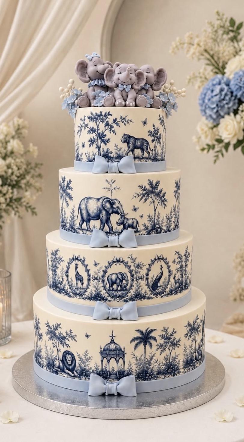 Tort de botez pictat manual în stil toile de Jouy
