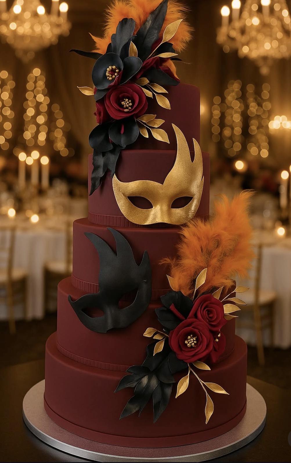 Tort tematic masquerade burgundy cu măști aurii și flori de zahăr