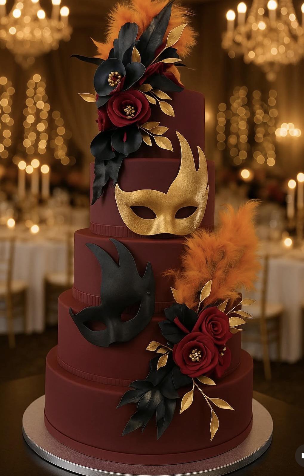 Tort masquerade burgundy cu măști aurii