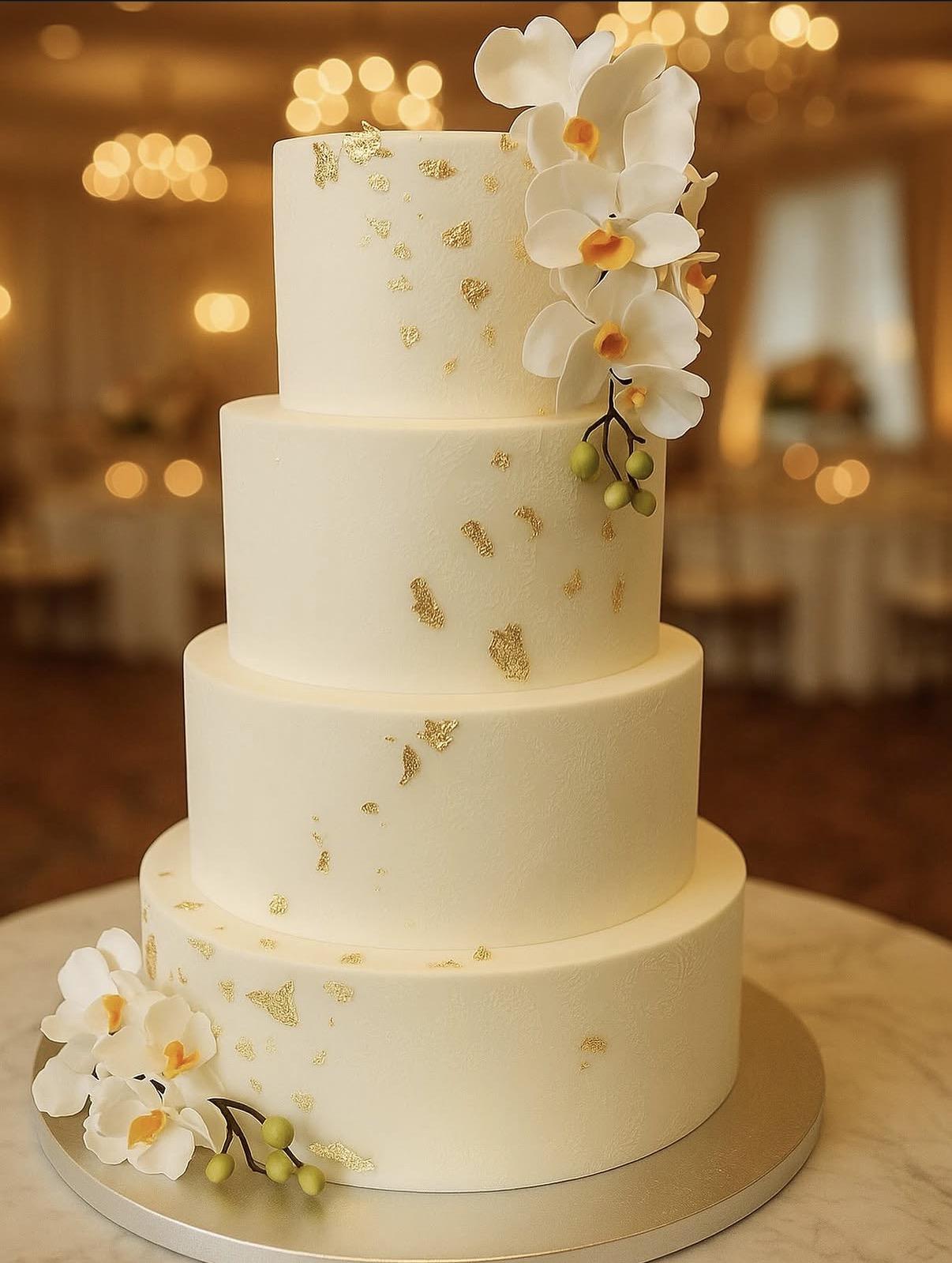 Tort de nuntă ivory cu foiță de aur și orhidee — Adriana Sweet Events